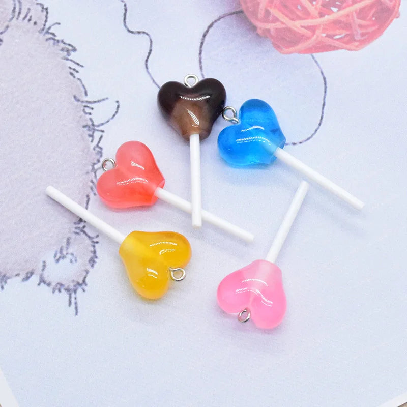 10pcs Love Heart Shape Resin Lollipop Charms Sweet Simulation Candy Pendants For Necklace Earring Phone Charm Jewelry DIY