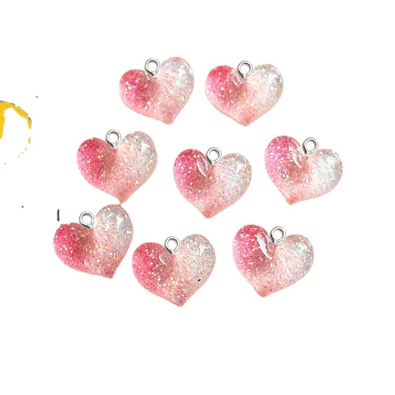 10Pcs Gradient Glitter Love Heart Resin Pendant DIY Trendy Jewelry Make Accessories Bracelets Keychain Craft Supplies Charm Hook