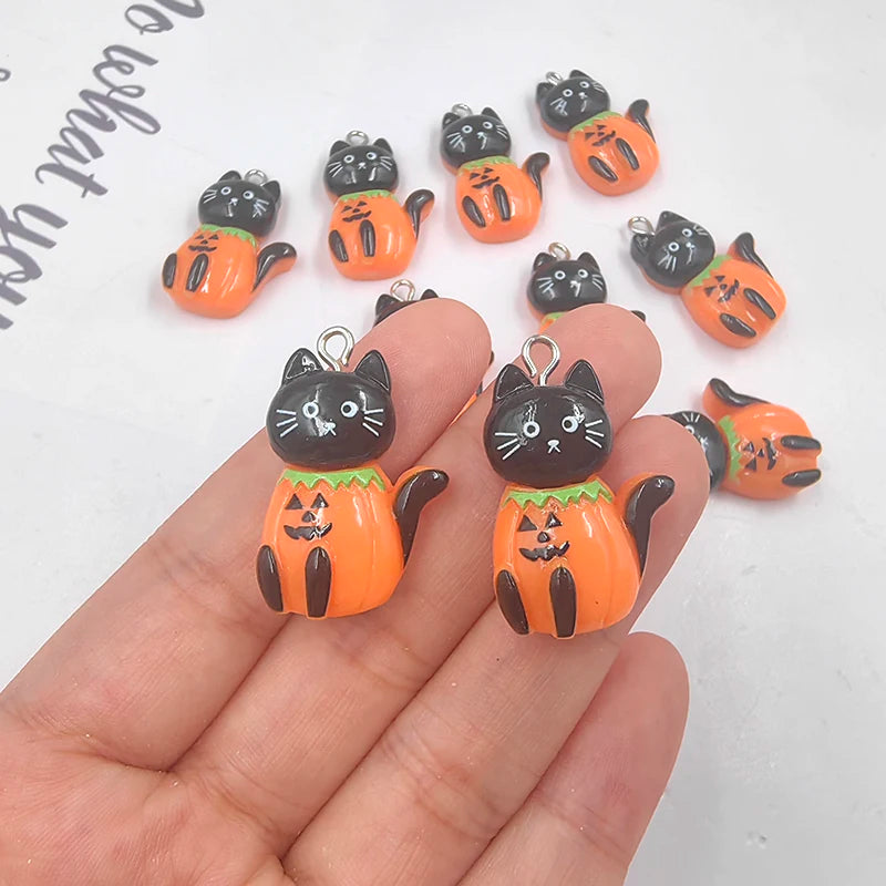 10pcs Kawaii Halloween Black Cat Pumpkin Charms for Jewelry Making Kawaii Animals Resin Pendants Flatback DIY Keychain C467