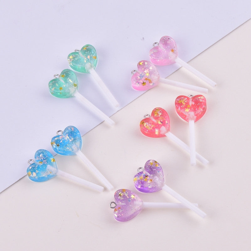 10pcs/pack Fashion Glitter Heart  Lollipop Resin Charms for Women Earring Necklace Jewelry DIY Making