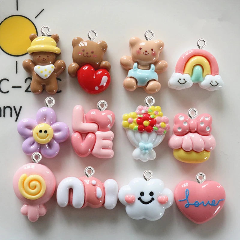 10Pcs Glossy Flower Bear Resin Charm