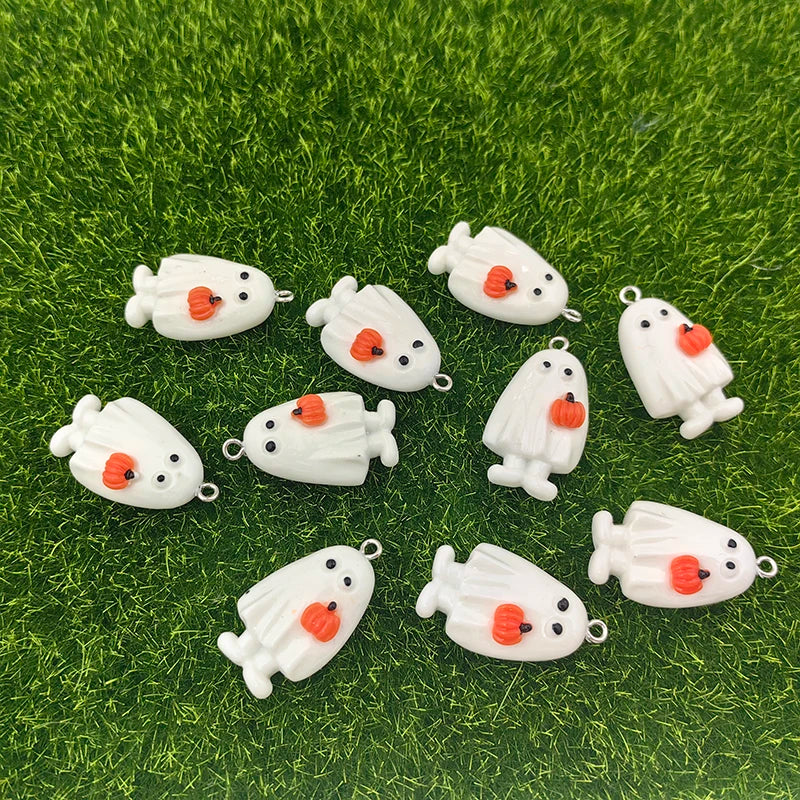 10pcs Kawaii Halloween White Ghost Pumpkin Charms for Jewelry Making Resin Handmade Pendants Crafts DIY Earring Keychain C1302