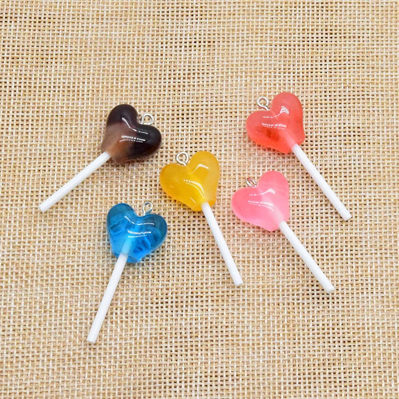 10pcs Love Heart Shape Resin Lollipop Charms Sweet Simulation Candy Pendants For Necklace Earring Phone Charm Jewelry DIY