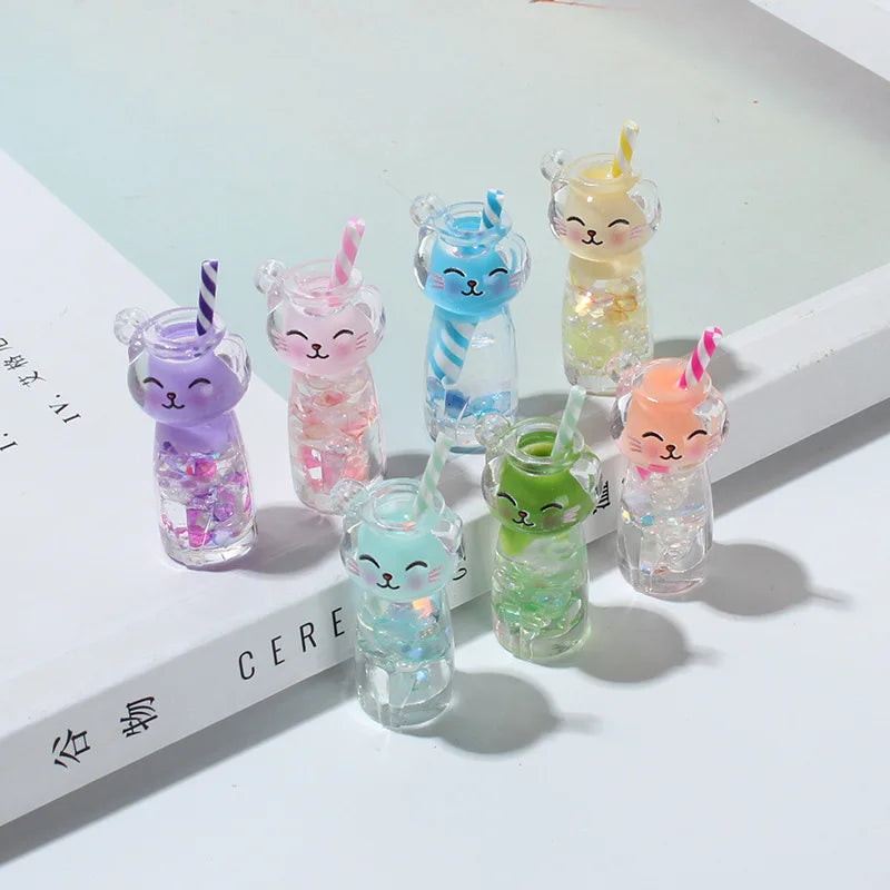 10pcs Luminous 3D Cat Drink Bottle Resin Charms Lovely Straw Cup Earring Keychain Pendant Accessory Diy Cute Jewelry