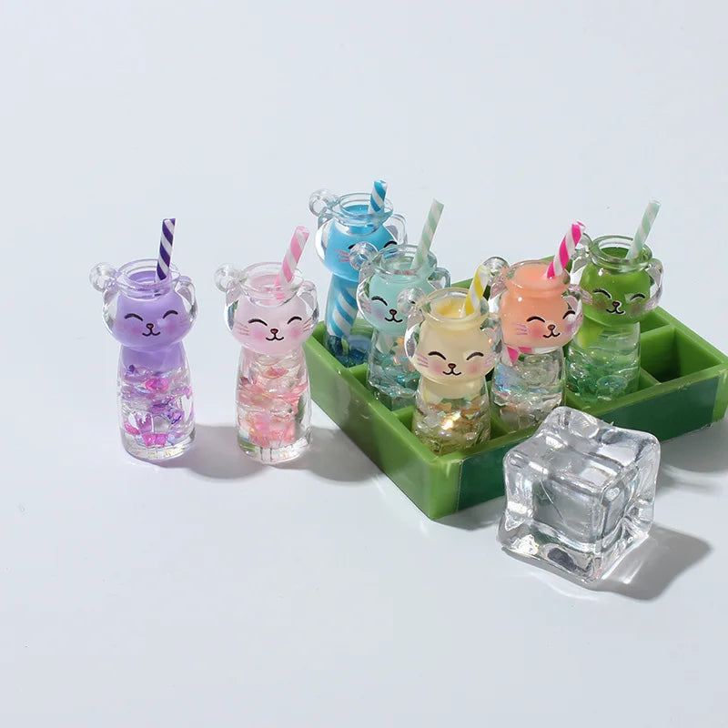 10pcs Luminous 3D Cat Drink Bottle Resin Charms Lovely Straw Cup Earring Keychain Pendant Accessory Diy Cute Jewelry