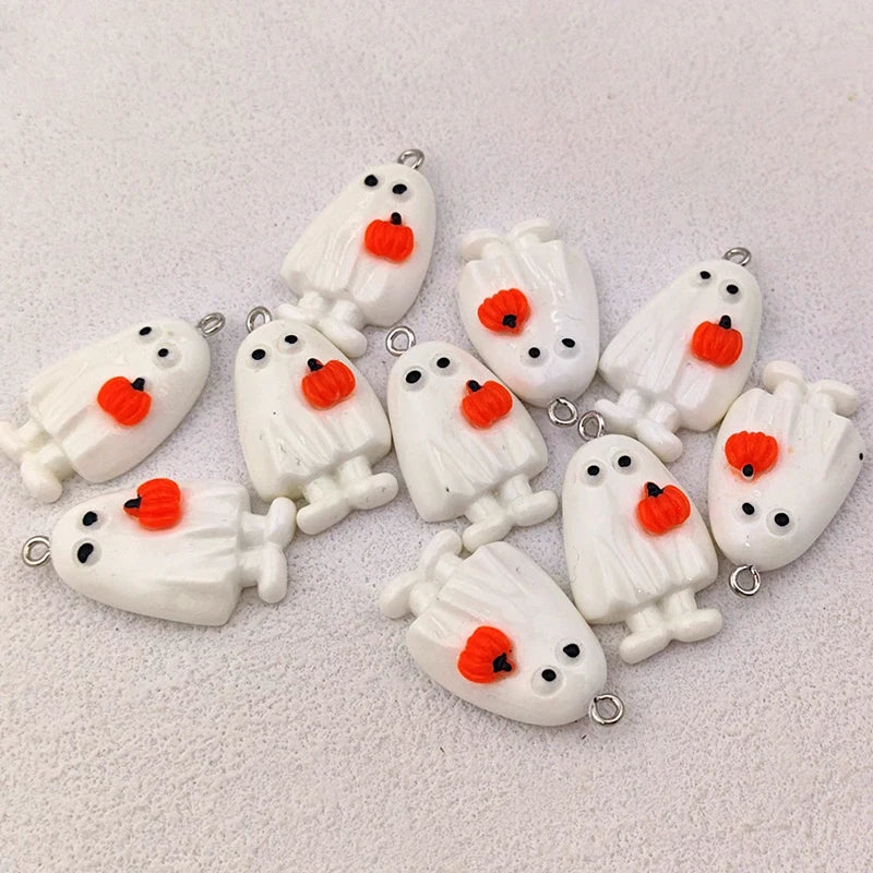 10pcs Kawaii Halloween White Ghost Pumpkin Charms for Jewelry Making Resin Handmade Pendants Crafts DIY Earring Keychain C1302