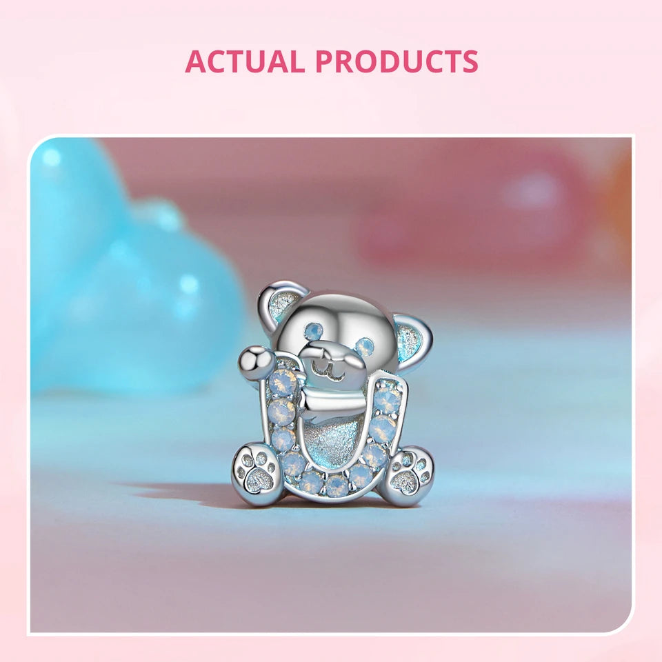 BAMOER 925 Sterling Silver Cute Bear Charms, "I love U" Cute Animal with Opal fit European Bracelets DIY Accessories SCC2713