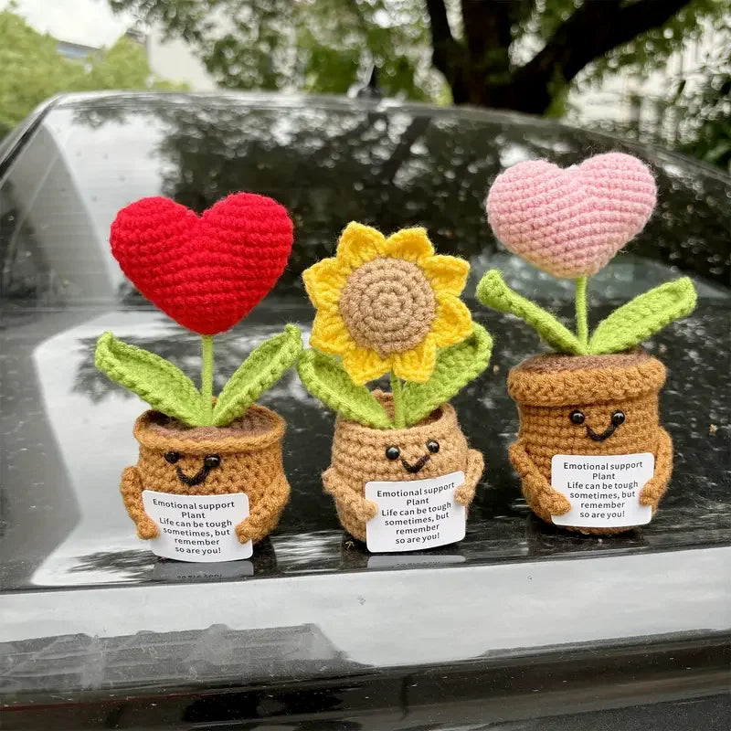 Handmade Crochet Faux Potted Plants - Set Of 3 (Red & Pink Hearts, Sunflower) With Inspirational Cards - Perfect For Home