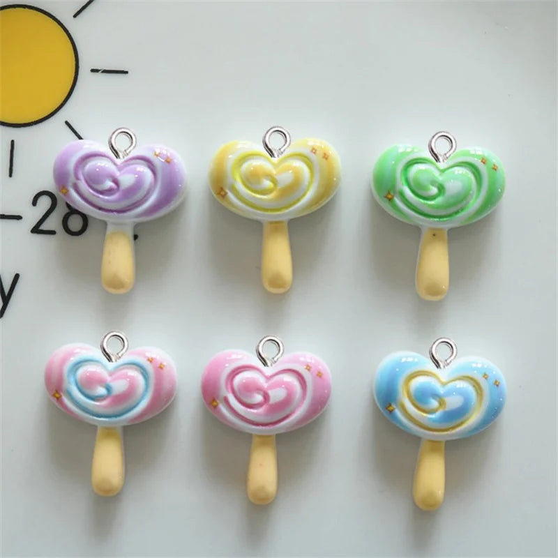 10Pcs Glossy Love Heart Lollipop Resin Charms