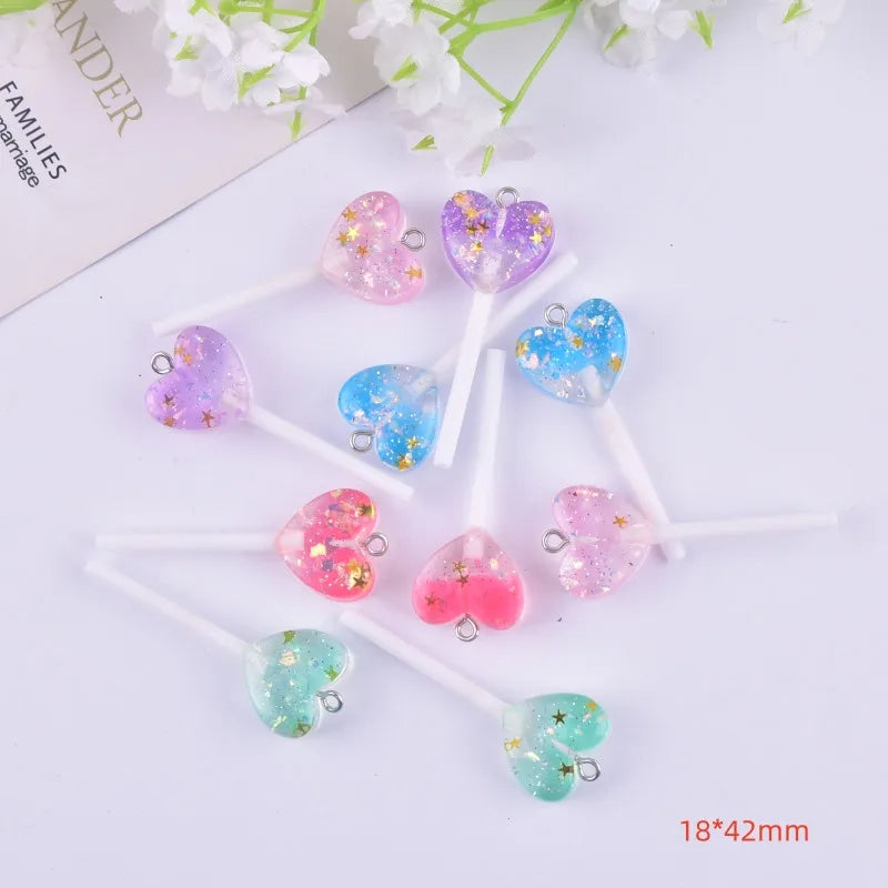 10pcs/pack Fashion Glitter Heart  Lollipop Resin Charms for Women Earring Necklace Jewelry DIY Making