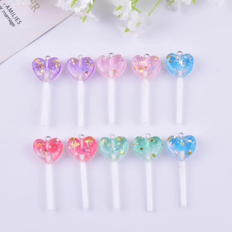 10pcs/pack Fashion Glitter Heart  Lollipop Resin Charms for Women Earring Necklace Jewelry DIY Making