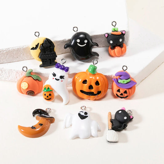 sansango Mix 10Pcs/Pack Halloween Pumpkin Ghost Charms Resin Jewelry Charms For Halloween Bracelet Necklace Making Accessories