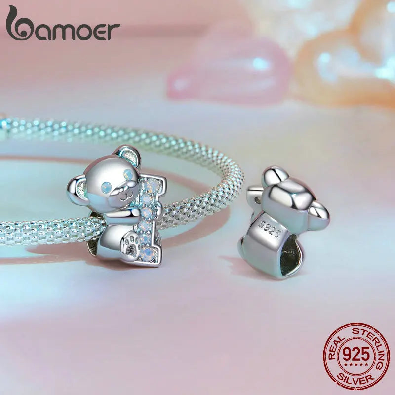 BAMOER 925 Sterling Silver Cute Bear Charms, "I love U" Cute Animal with Opal fit European Bracelets DIY Accessories SCC2713