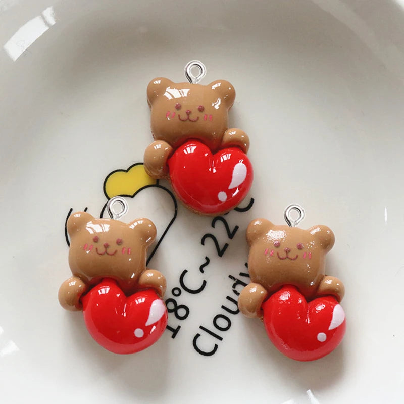 10Pcs Glossy Flower Bear Resin Charm