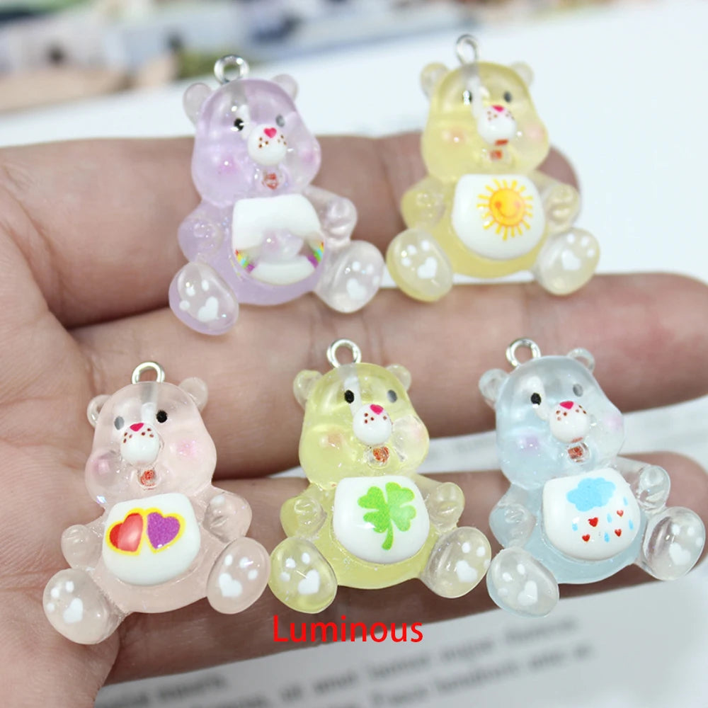 10Pcs/Lot Resin 3D Cartoon Luminous Kawaii Little Bear Charm Pendant For Earring Keychain Diy Crafts Jewelry Making Accessories