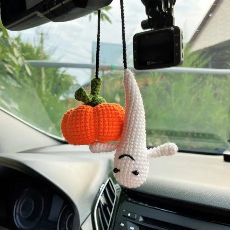 Handmade Car Hanging Ornament for Children, Thanksgiving Car Accessories, Bat Crochet, Pumpkin Hat, Gift, Pendant Decor