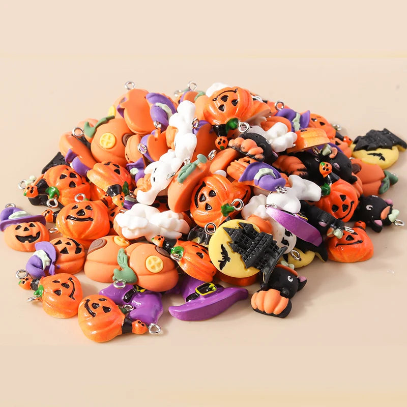 10pcs Mixed Halloween Charms Cute Resin Whitch Hat Cat Pumpkin Moon Ghost Charms Pendants for DIY Jewelry Making Accessories