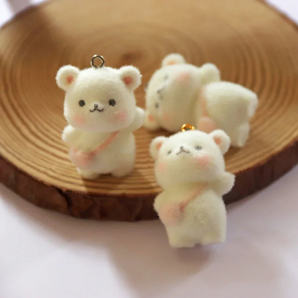 2Pcs 3D Cute Flocked Shoulder Bag Bear Charms Cartoon Animal Resin Pendant For Phone Bag Keychain Earring DlY Jewelry Make