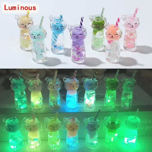 10pcs Luminous 3D Cat Drink Bottle Resin Charms Lovely Straw Cup Earring Keychain Pendant Accessory Diy Cute Jewelry