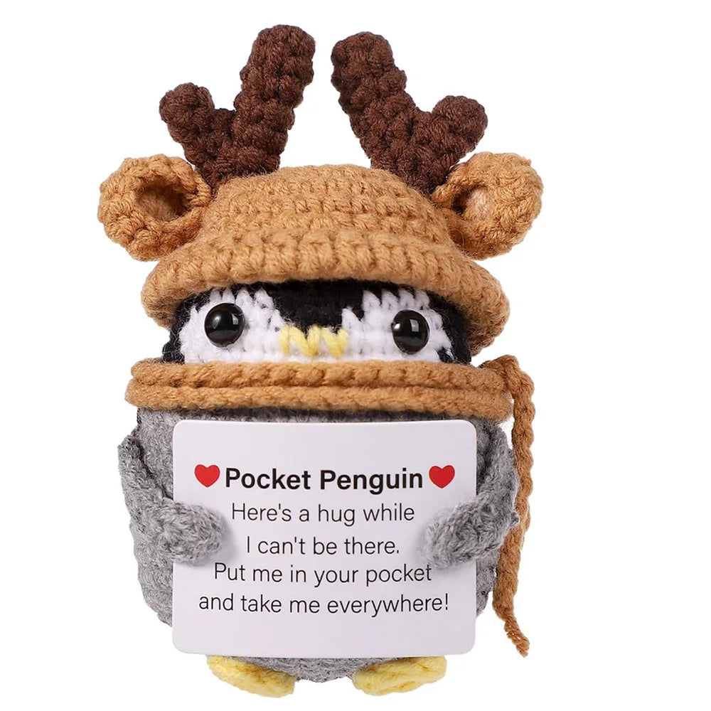 New Crocheted Positive Energy Penguin Hug Pocket Doll with Card Ornament Handmade Knitted Doll Home Room Decor Christmas Gifts