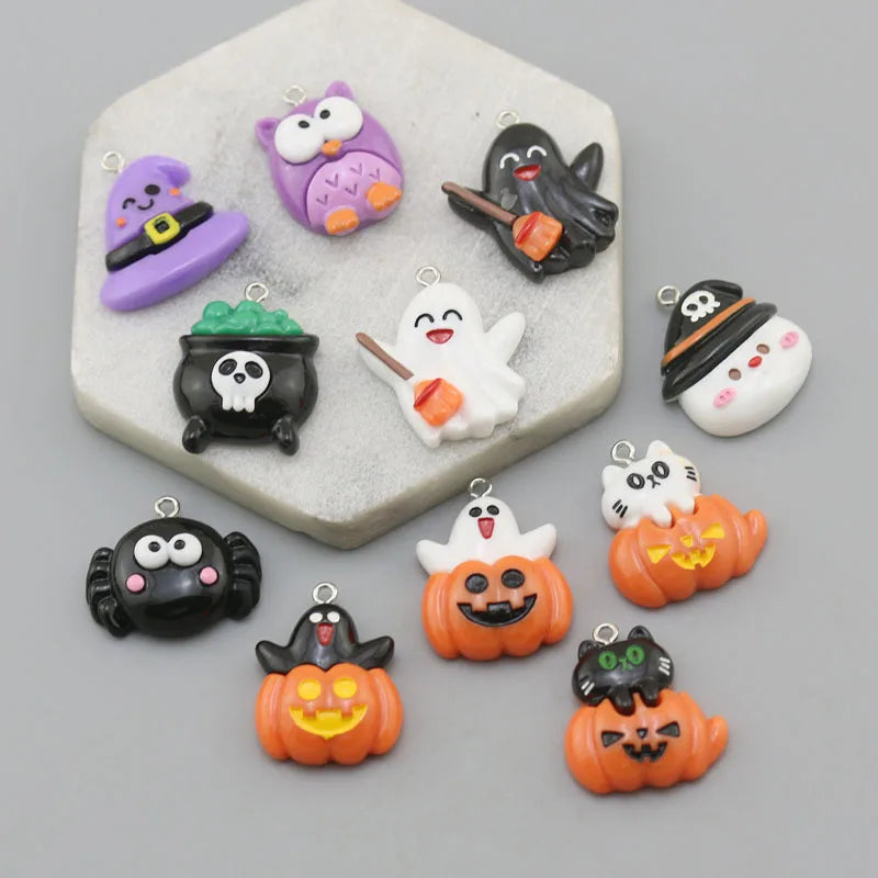 10Pcs Resin Halloween Charms Flatback Ghost Pumpkin Hat Pendants for Jewelry Keychain Making Earrings Bracelet DIY Accessories