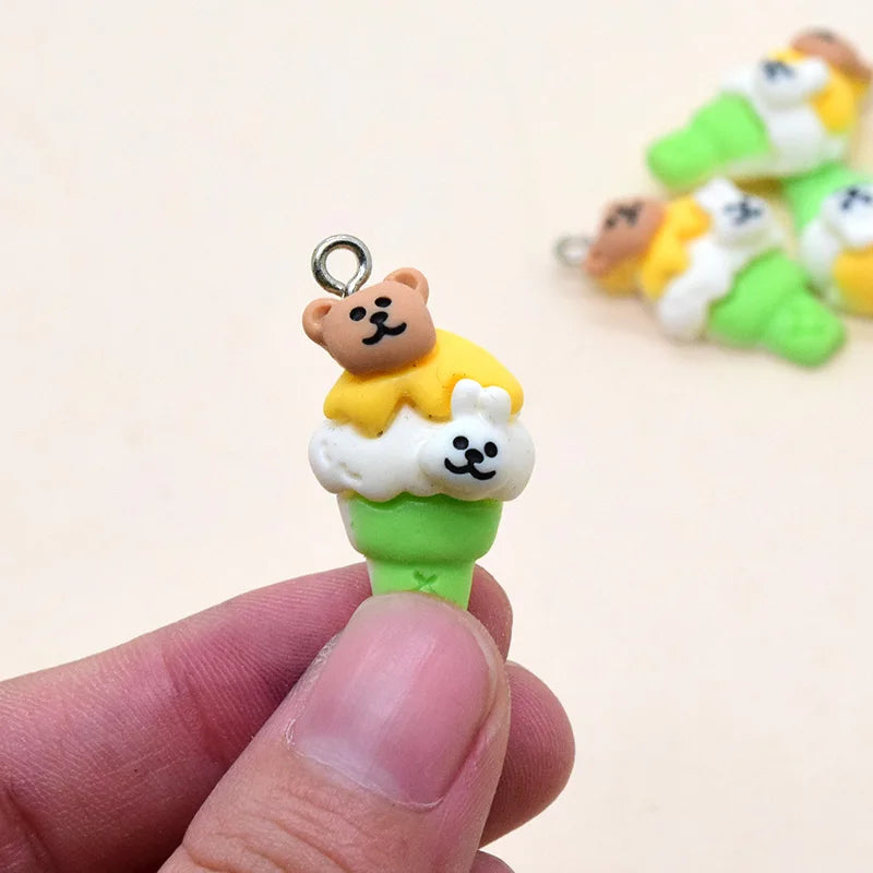 10pcs Lovely Bear Ice Cream Resin Charms Cartoon Earring Keychain Pendant Decor Accessory Diy Cute Jewelry Making