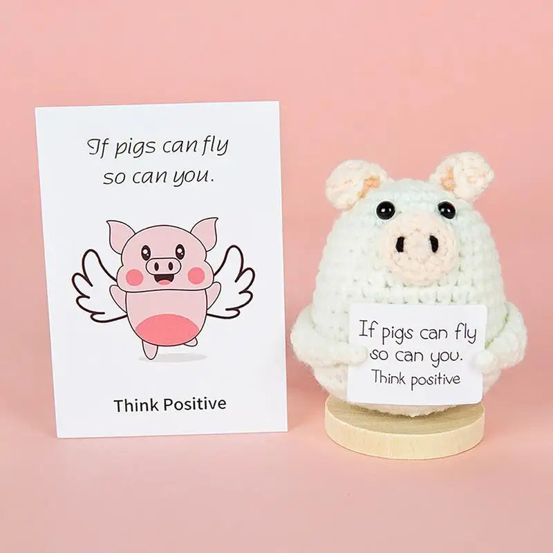 Emotional Support Knitted Toy Handmade Pig Crochet Toy Car Dashboard Decor With Wooden Base Inspirational Card Positive Support