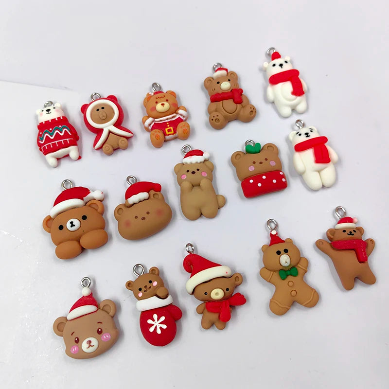 10pcs Mix Christmas Hat Bear Charms for Jewelry Making Findings Resin Sock Bear Animals Floating Pendant Flatback Diy Earring