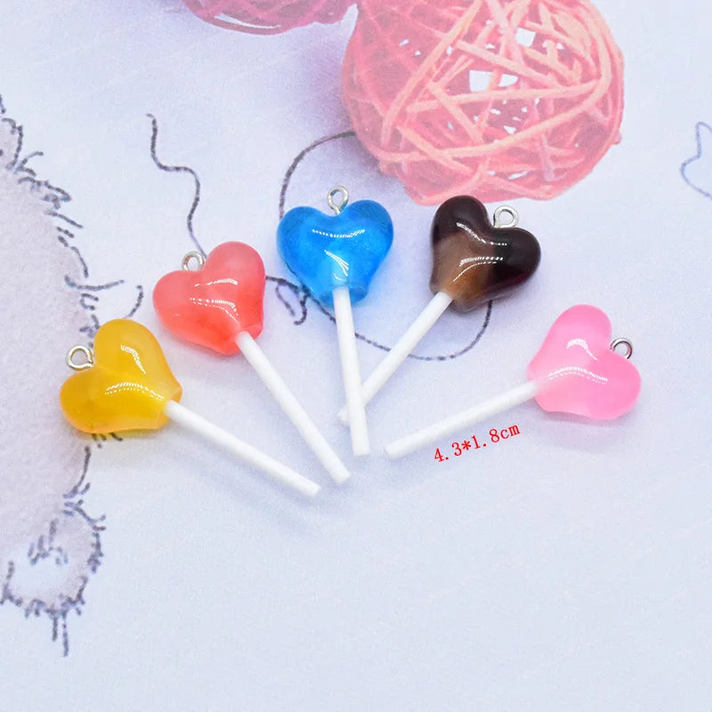 10pcs Love Heart Shape Resin Lollipop Charms Sweet Simulation Candy Pendants For Necklace Earring Phone Charm Jewelry DIY