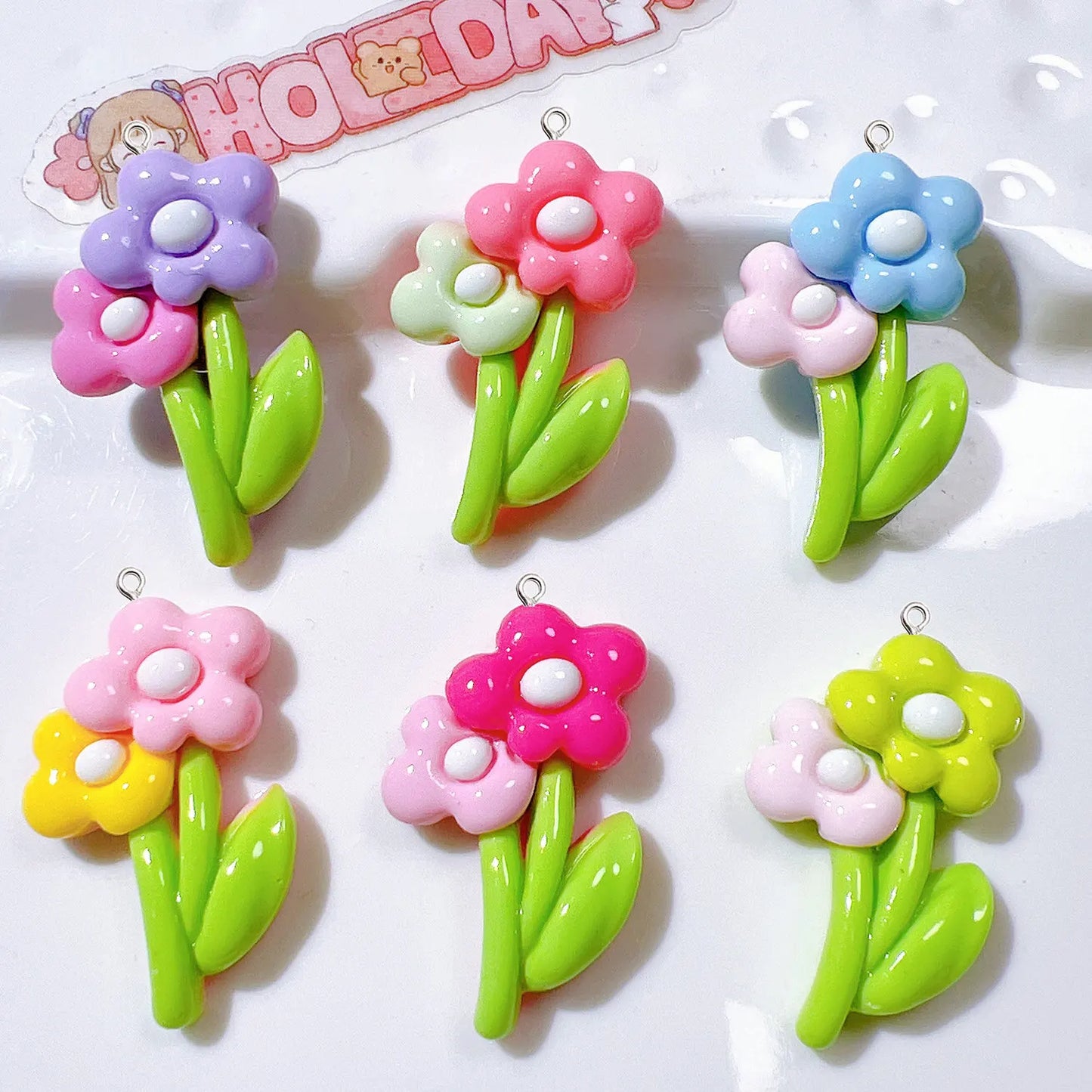 10Pcs Glossy Resin Flower Fashion Ring Charms Women Earrings Necklace Small Pendant DIY Keychain Bracelet Decor Hook Accessories