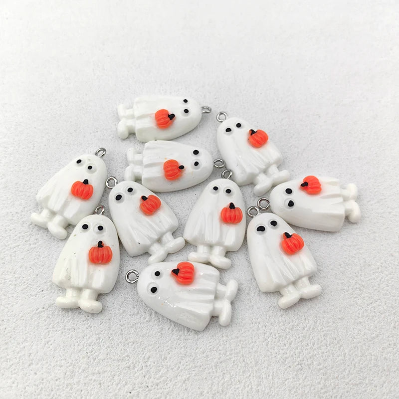 10pcs Kawaii Halloween White Ghost Pumpkin Charms for Jewelry Making Resin Handmade Pendants Crafts DIY Earring Keychain C1302