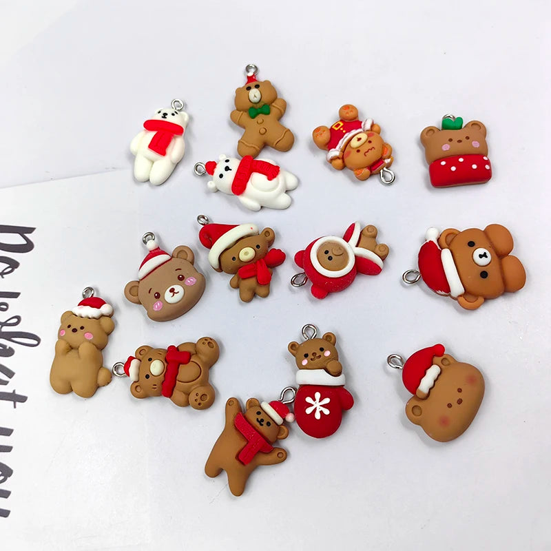 10pcs Mix Christmas Hat Bear Charms for Jewelry Making Findings Resin Sock Bear Animals Floating Pendant Flatback Diy Earring