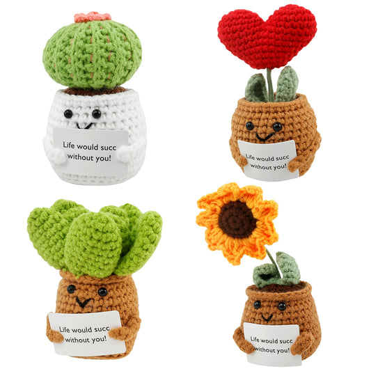 New 4Pcs Crochet Potted Plants with Inspirational Card Cute Knitted Doll Plants Handmade Emotional Support Crochet Dolls Funny