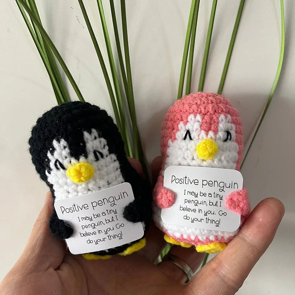 New Crocheted Positive Energy Penguin Hug Pocket Doll with Card Ornament Handmade Knitted Doll Home Room Decor Christmas Gifts