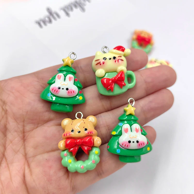 10pcs 2024 Christmas Animals Bear Cat Rabbit Charms