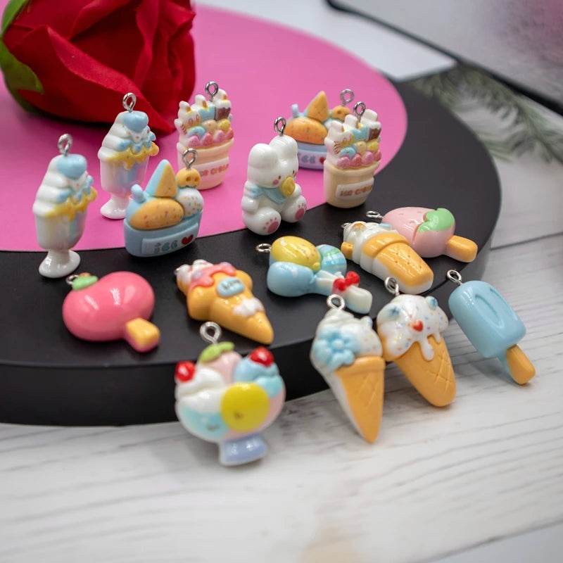 10PCS New Cartoon Fashion Resin Pendant Love Ice Cream Bear Kawaii Dangle DIY Necklace Earring Bracelet Keychain Accessories S66