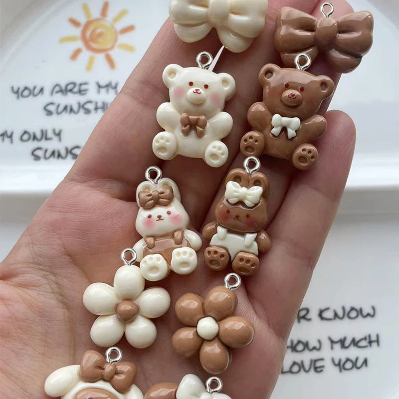 10Pcs Resin Glossy Milk Tea Color Cute Little Rabbit Cat Bear Charms Lovely Animals Flowers Star Pendants for DIY Jewelry Making