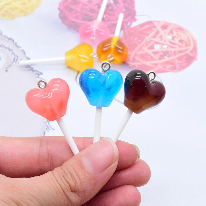 10pcs Love Heart Shape Resin Lollipop Charms Sweet Simulation Candy Pendants For Necklace Earring Phone Charm Jewelry DIY