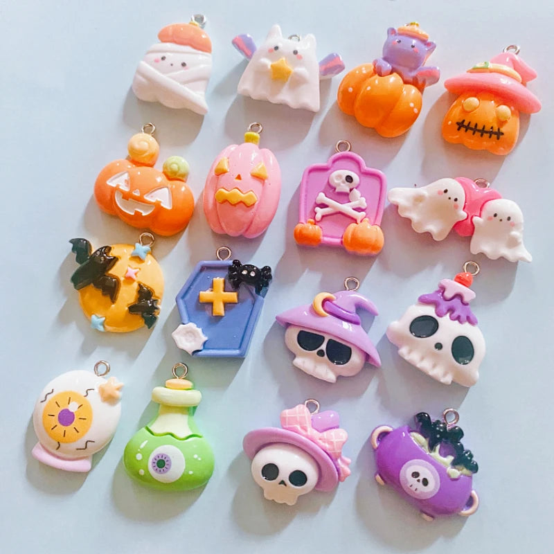 10pcs Kawaii Resin Halloween Charms Kawaii Pumpkin Ghost Skeleton Cat Pendants DIY Jewelry Craft Decoration Making Accessorie