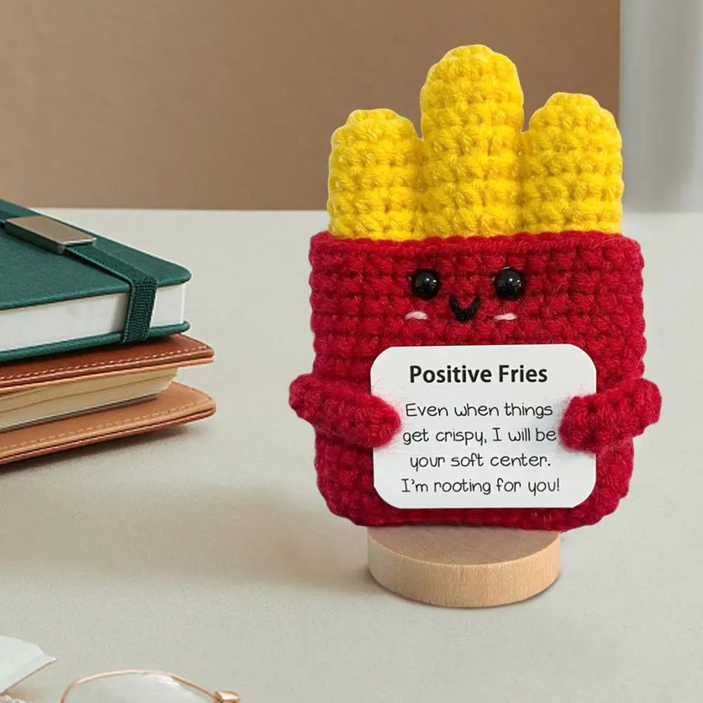 Positive Knitted Toy Knitted Fries Funny Crochet Inspirational Toy Cute Room Decor Knitted Toys Comfort Fries With Positive Card