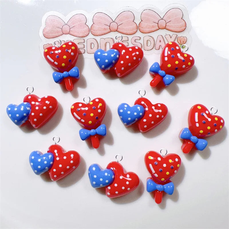 10pcs Kawaii Red Heart Lollipop Charms for Jewelry Making Resin Double Hearts Flatback Pendant Diy Keychain Findings C1372