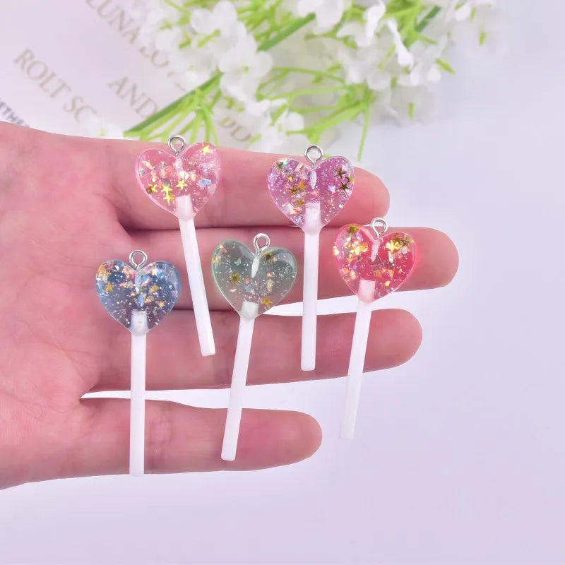 10pcs/pack Fashion Glitter Heart  Lollipop Resin Charms for Women Earring Necklace Jewelry DIY Making