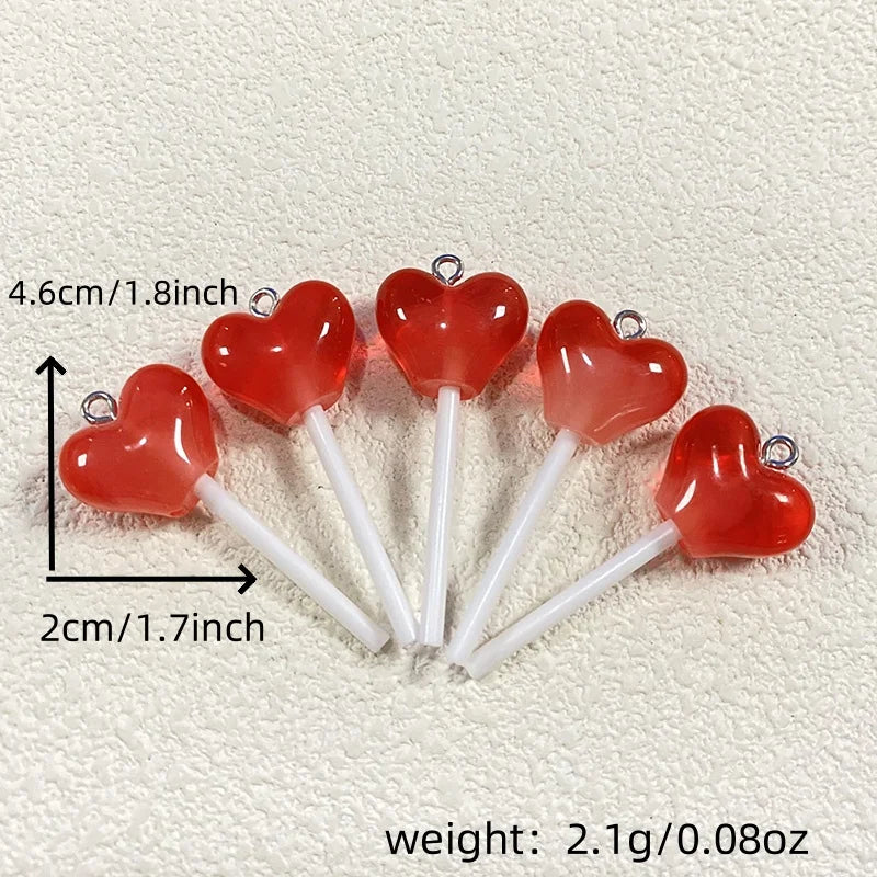 10pcs Love Heart Shape Resin Lollipop Charms Sweet Simulation Candy Pendants For Necklace Earring Phone Charm Jewelry DIY