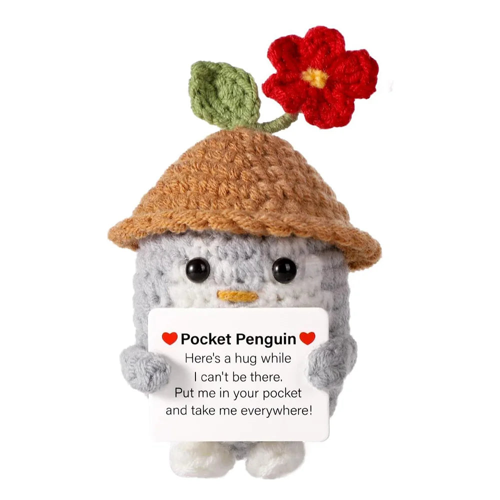 New Crocheted Positive Energy Penguin Hug Pocket Doll with Card Ornament Handmade Knitted Doll Home Room Decor Christmas Gifts