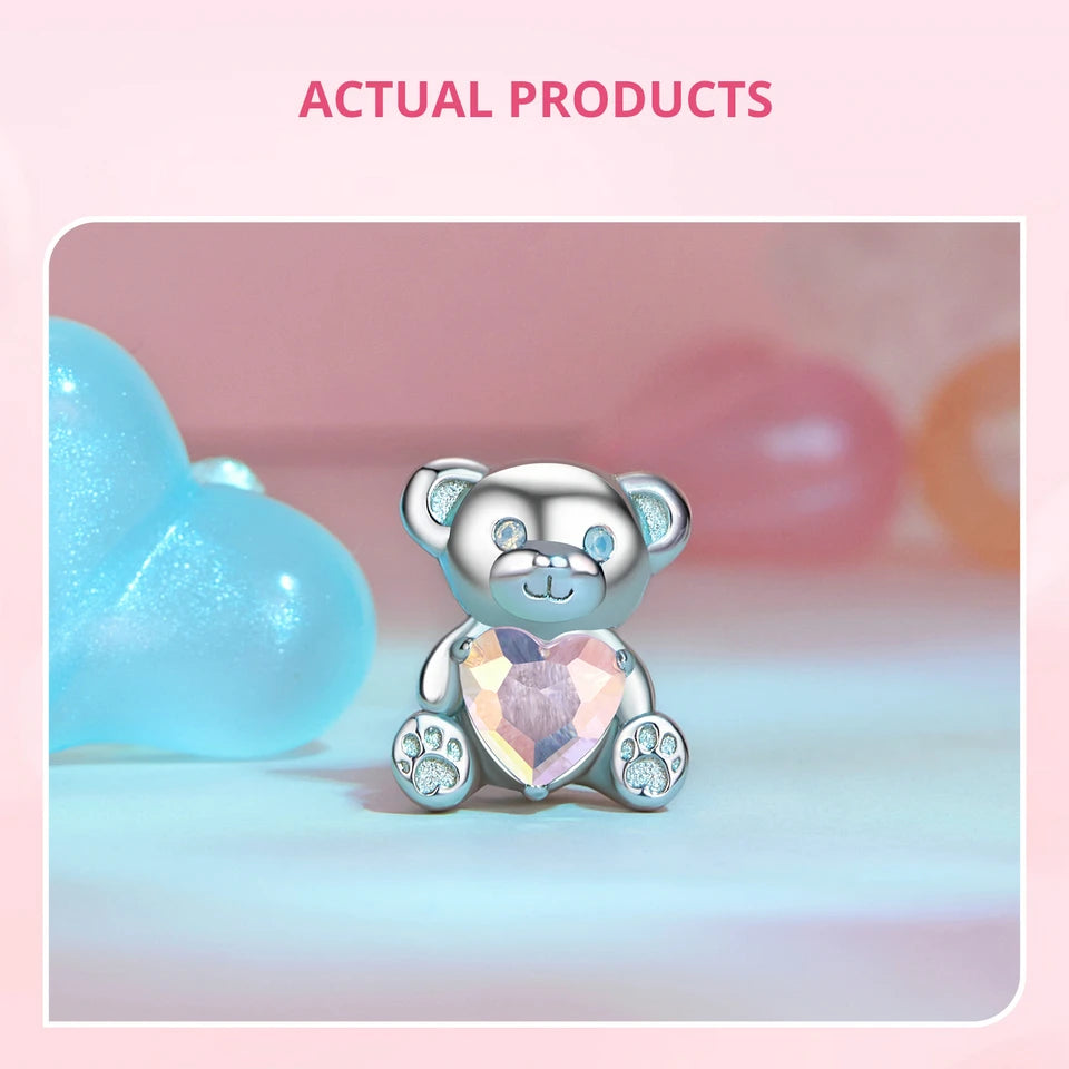 BAMOER 925 Sterling Silver Cute Bear Charms, "I love U" Cute Animal with Opal fit European Bracelets DIY Accessories SCC2713