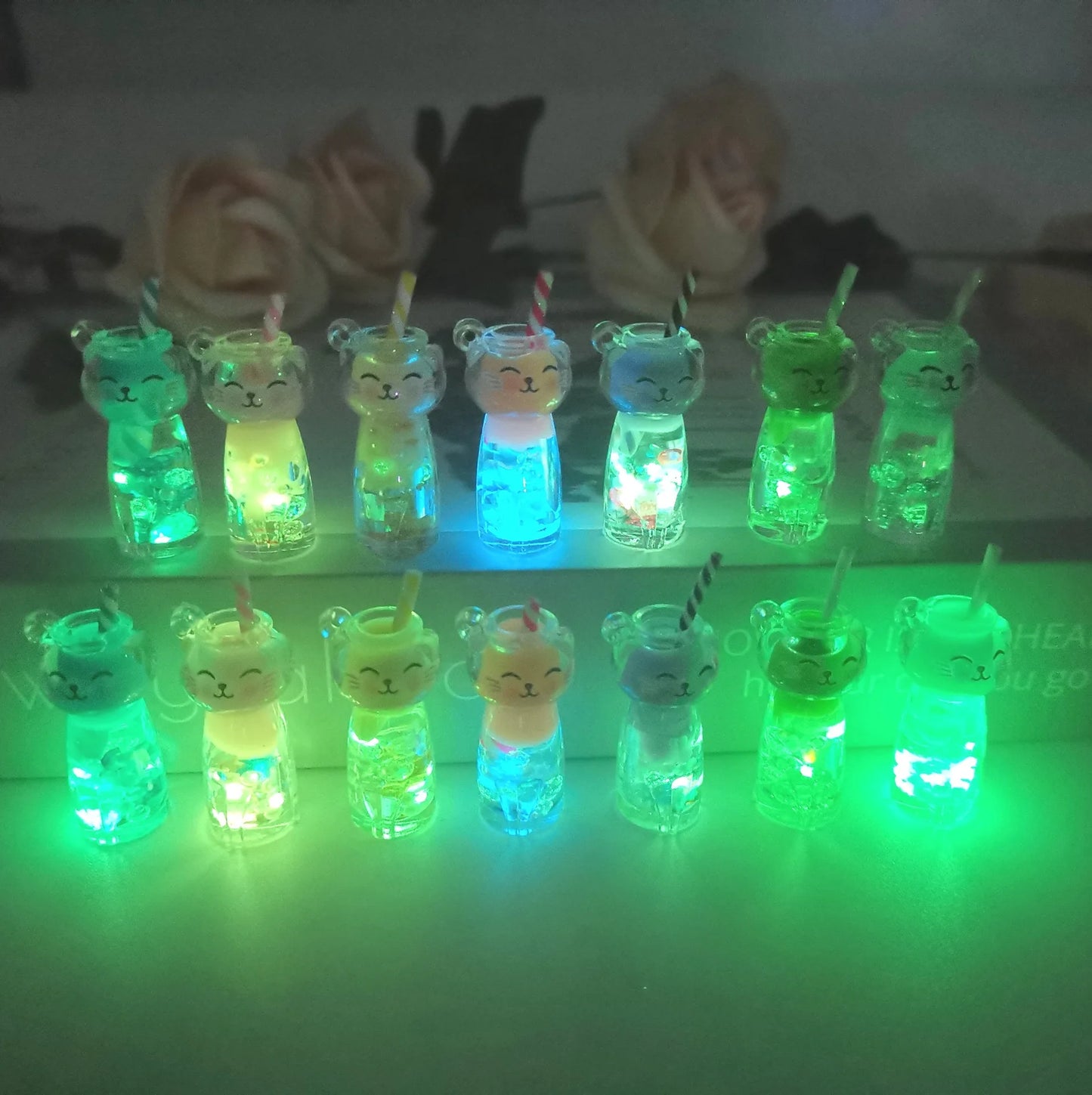 10pcs Luminous 3D Cat Drink Bottle Resin Charms Lovely Straw Cup Earring Keychain Pendant Accessory Diy Cute Jewelry