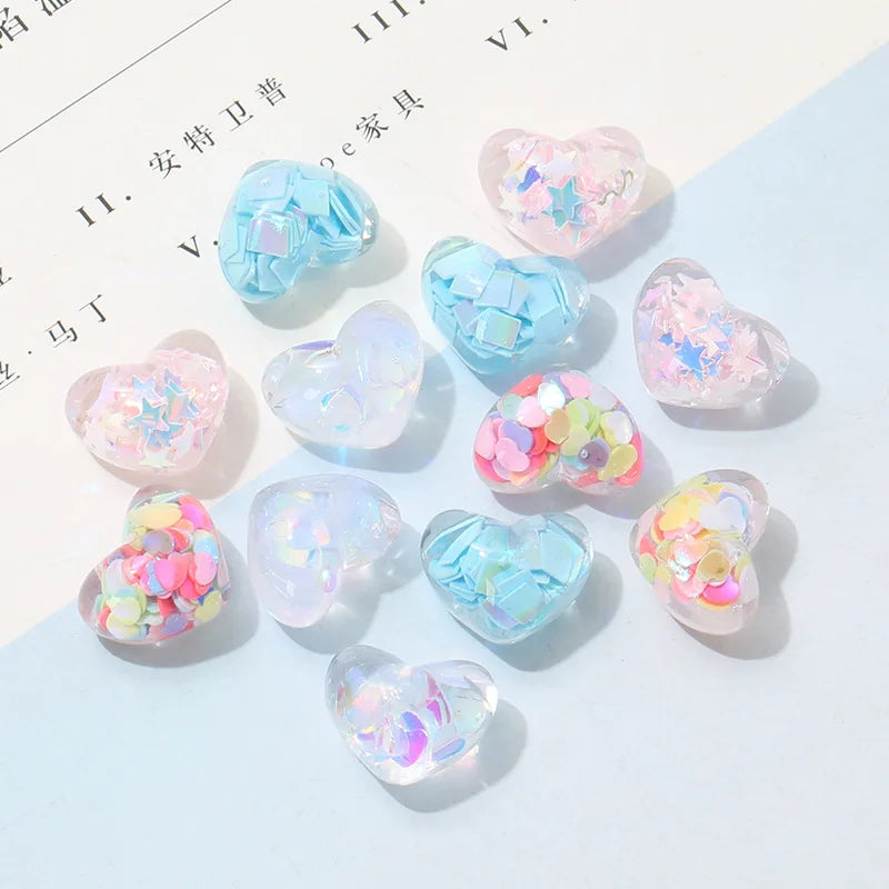 10Pcs Glitter Powder Hearts Flatback Resin Cabochons