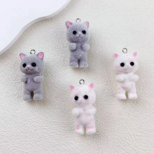 30pcs/lot Flocked Cat Charms Cartoon Animals Resin Pendant for Jewelry Making Diy Earring Necklace Keychain  Accessories