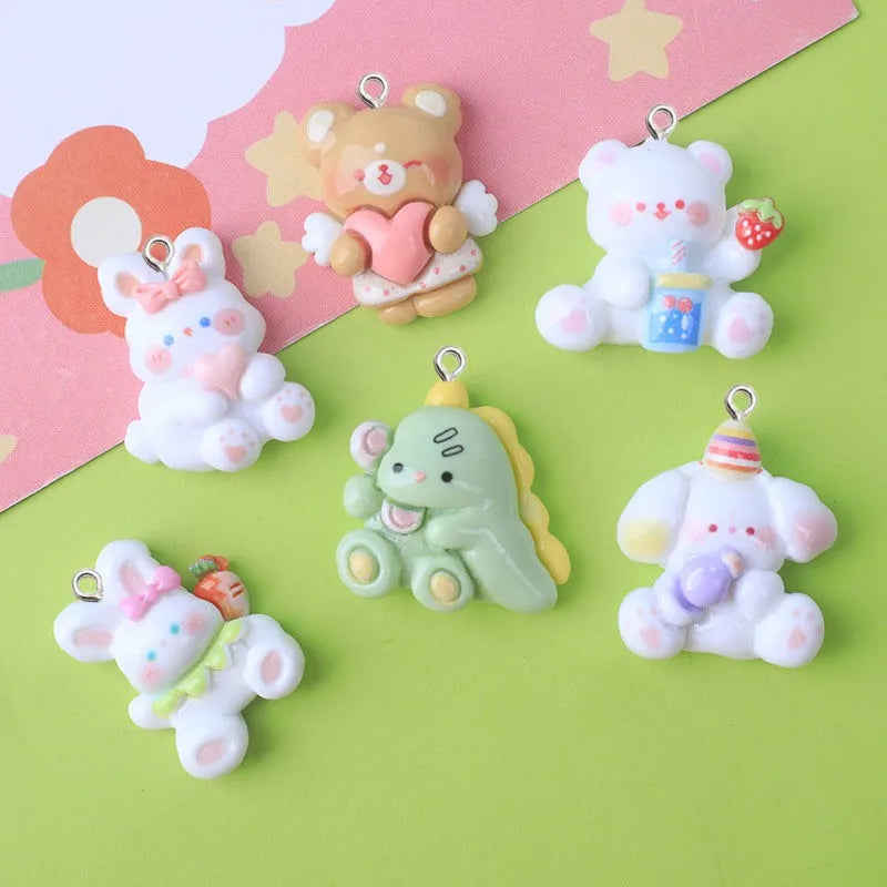 10Pcs Cute Bear Rabbit Dog Resin Charms