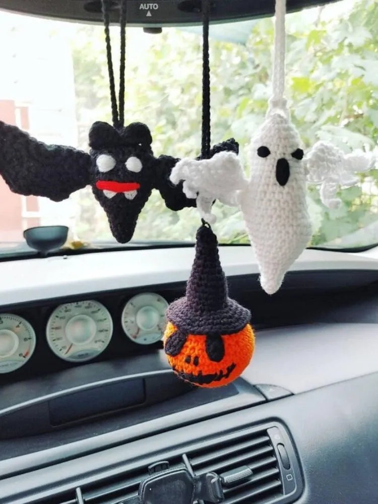 Handmade Car Hanging Ornament for Children, Thanksgiving Car Accessories, Bat Crochet, Pumpkin Hat, Gift, Pendant Decor